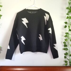 Storia Black & White Lightning Bolt Print Womens Crew Neck Med Sweater